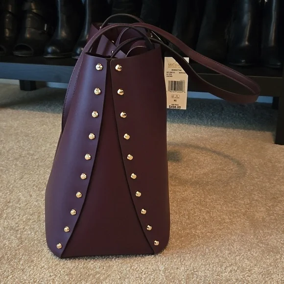 NWT Michael Kors Manhattan Studded Tote/Bordeaux Color - Picture 4 of 11